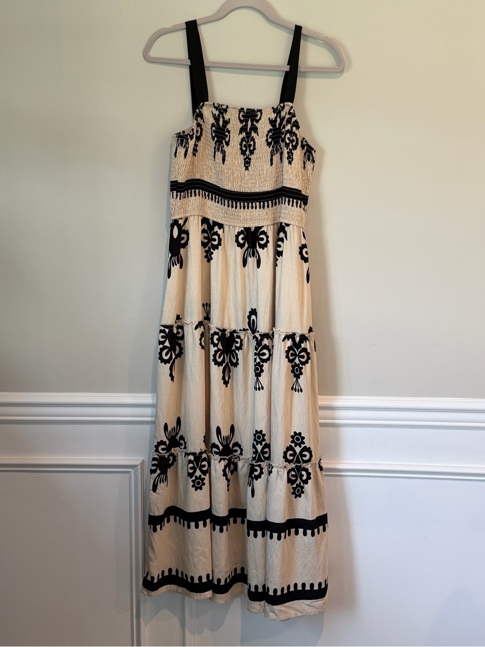 Cream and Black Embroidered Tiered Maxi Dress